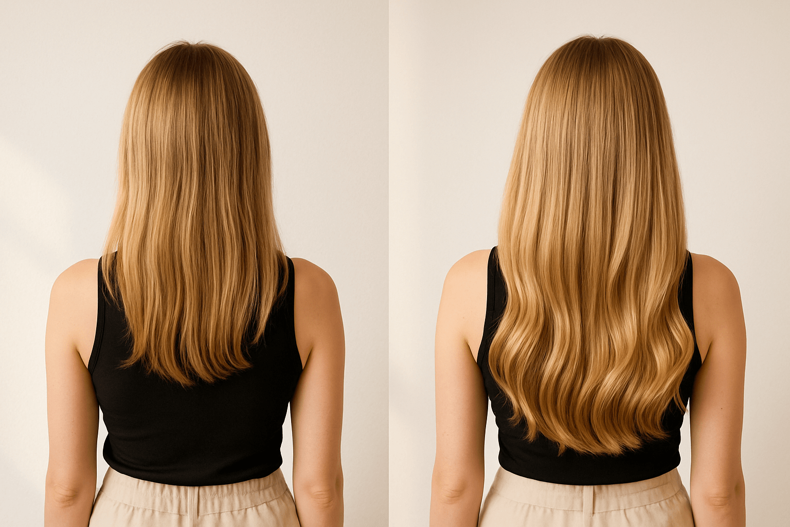 Before and after hair extensions for volume.