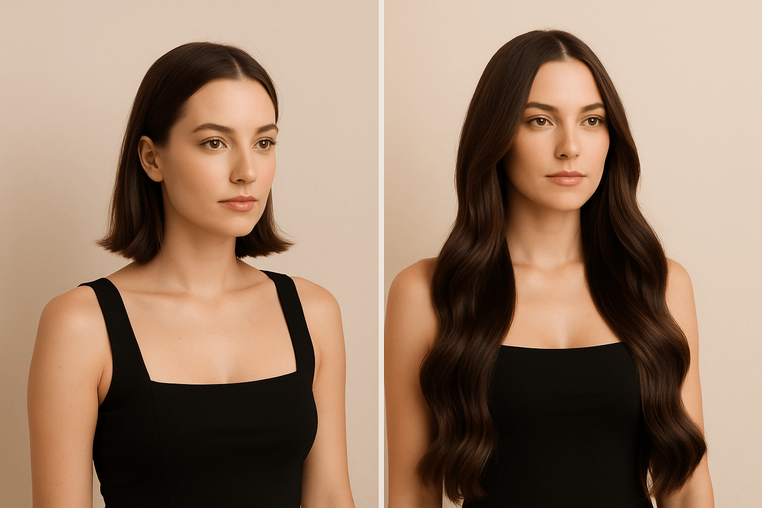 Before and after long hair extensions transformation.