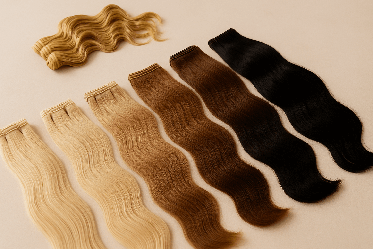 A variety of hair extension wefts in different colors laid out on a table.