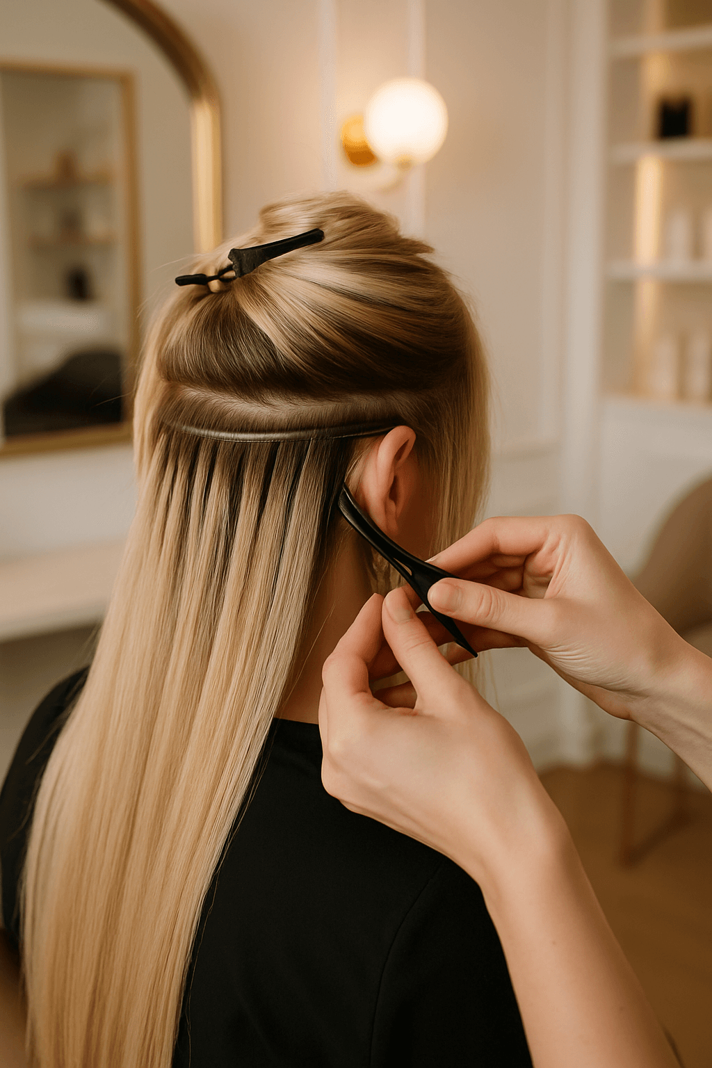 Stylist applying Weft extensions in a luxury Denver salon