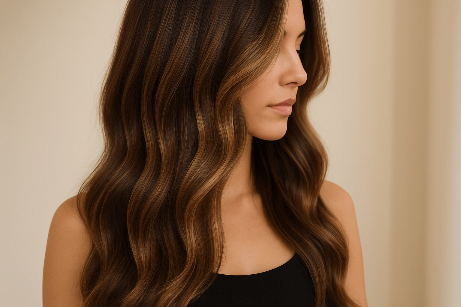 Close-up of seamlessly blended highlights in long brown hair.