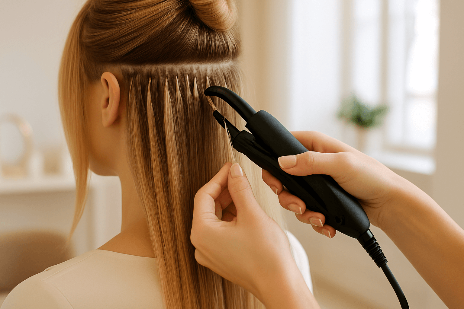 Stylist carefully applying a hair extension to a client's hair in a bright, modern salon.