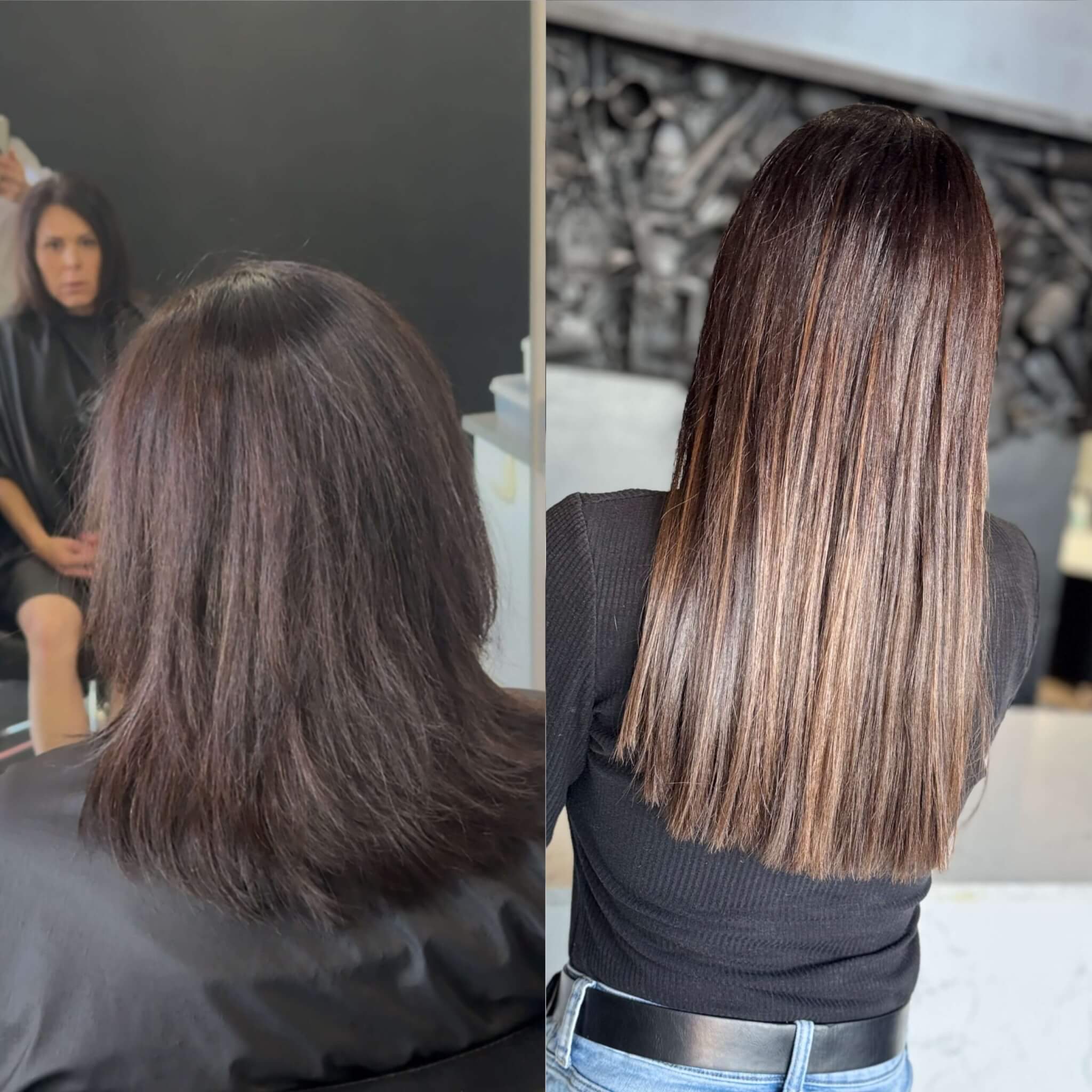 A client with a full head of hybrid keratin bond and weft extensions
