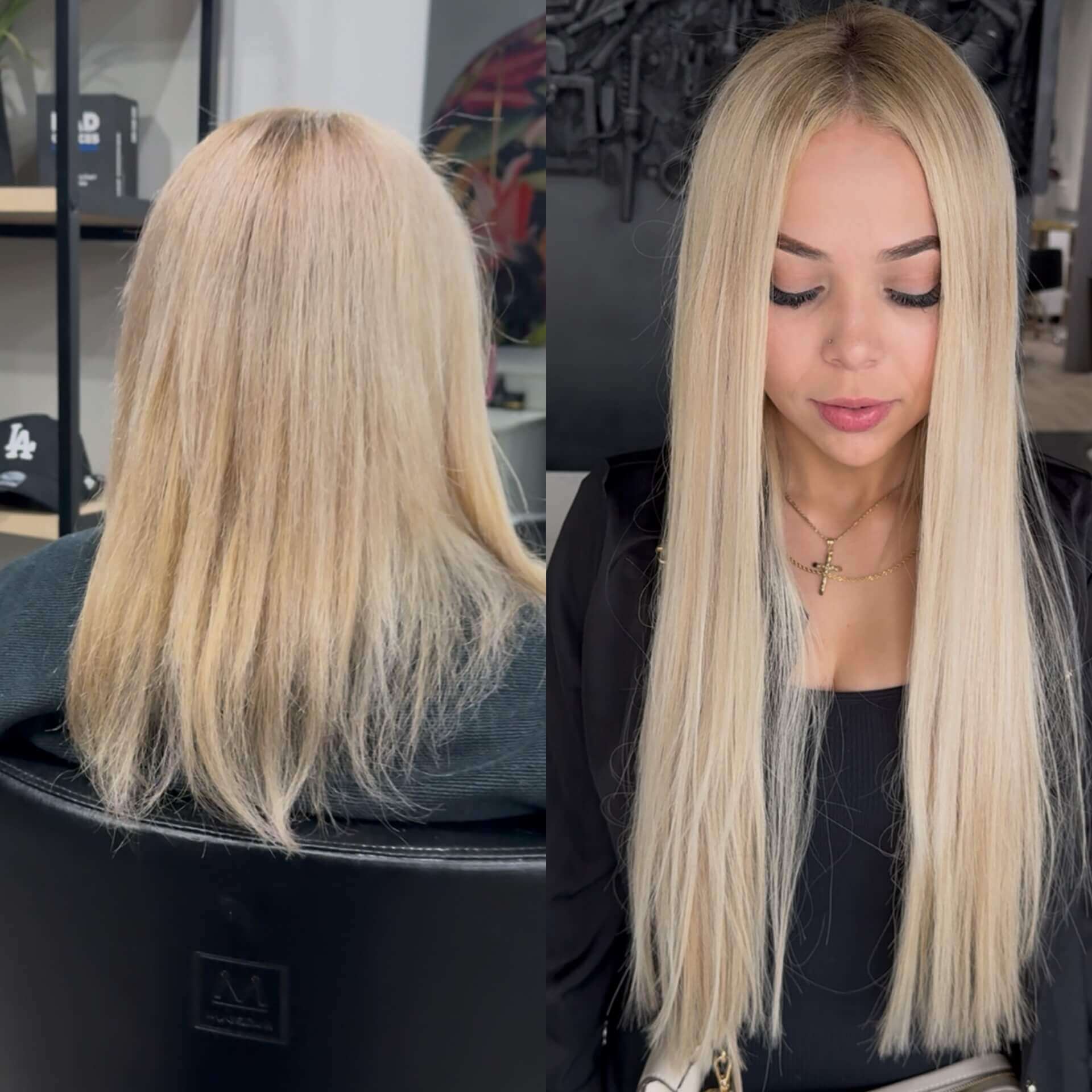 Before and after transformation with Weft hair extensions